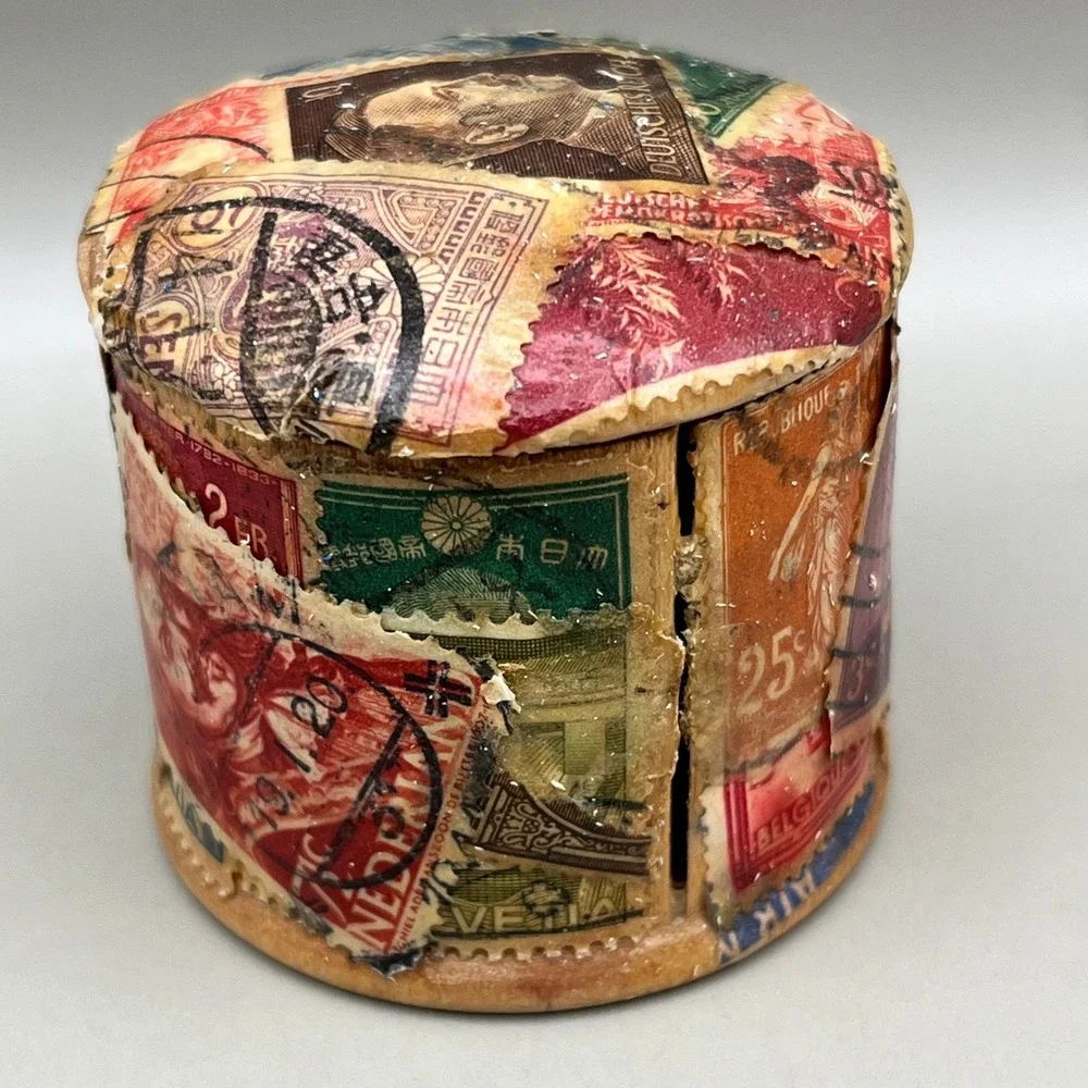 Vtg Decoupage Wooden Stamp Box International Philately Folk Art Trinket Jar 2
